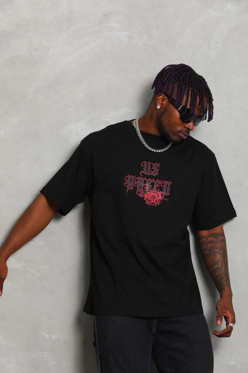 Erkek Baskılı Tişört Kısa Kol Bisiklet Yaka Oversize T-Shirt - Siyah