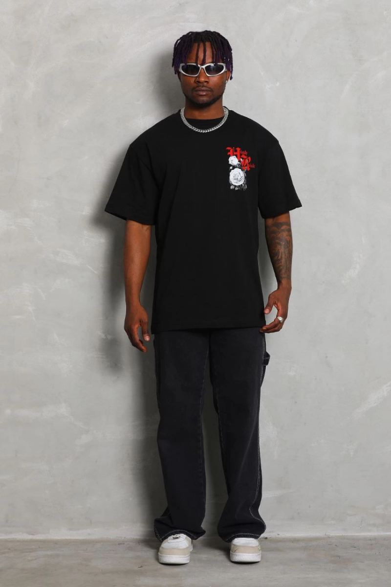Erkek Kısa Kol Yazlık Tişört Bisiklet Yaka Baskılı Oversize T-Shirt - Siyah