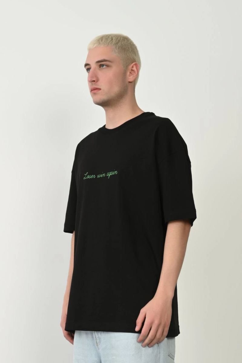 Erkek Baskılı T-Shirt Kısa Kol Bisiklet Yaka Rahat Kalıp Tişört  - Siyah