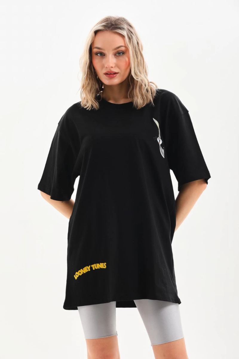 Kadın Kısa Kol Yazlık Tişört Bisiklet Yaka Baskılı Oversize T-Shirt - Siyah