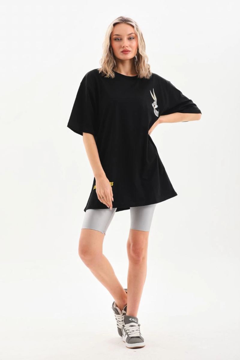 Kadın Kısa Kol Yazlık Tişört Bisiklet Yaka Baskılı Oversize T-Shirt - Siyah
