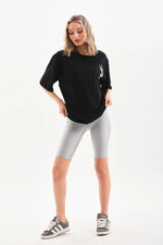 Kadın Kısa Kol Yazlık Tişört Bisiklet Yaka Baskılı Oversize T-Shirt - Siyah