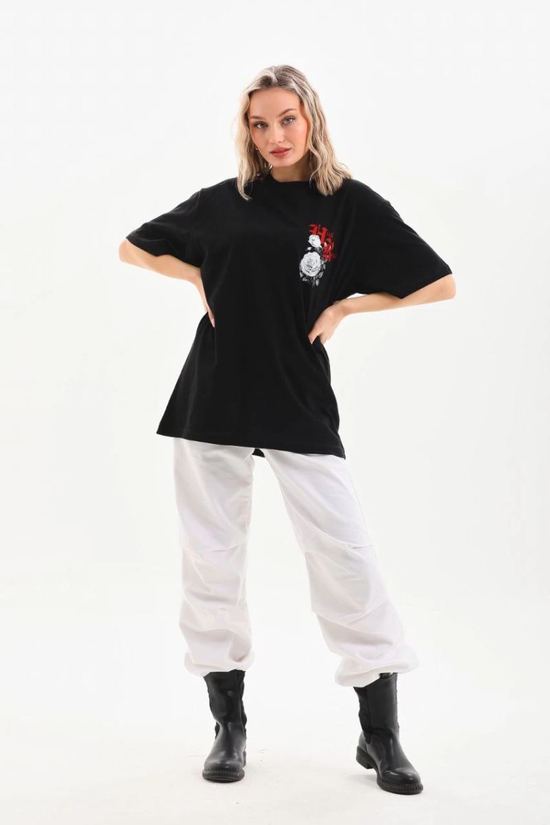 Kadın Kısa Kol Yazlık Tişört Bisiklet Yaka Baskılı Oversize T-Shirt - Siyah