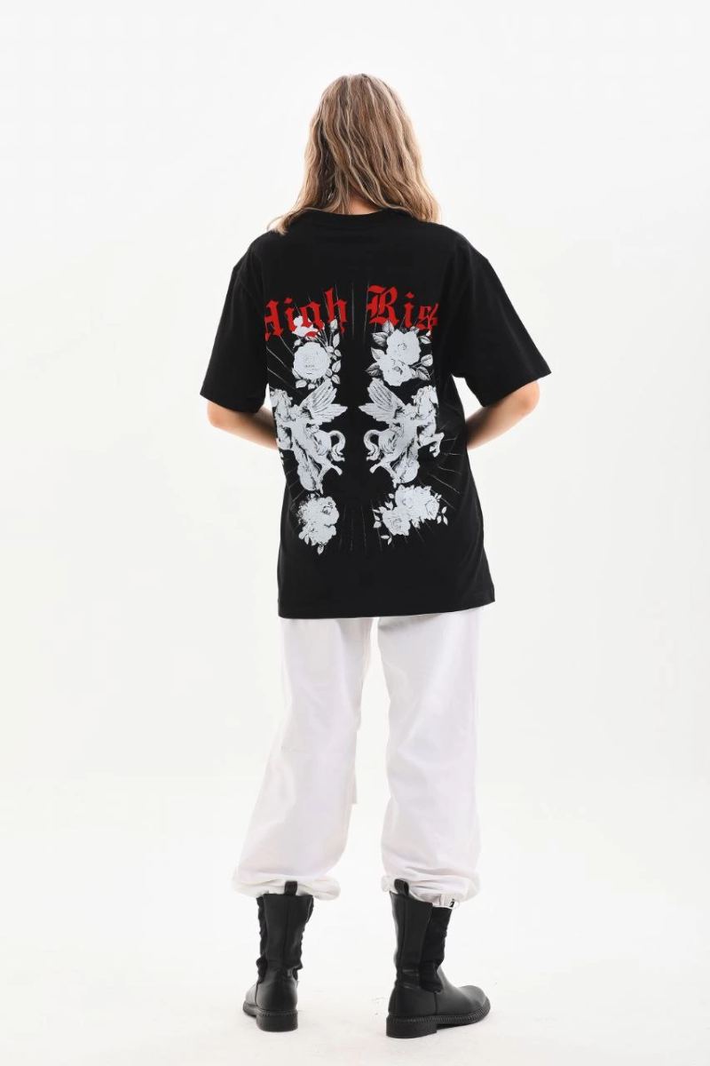 Kadın Kısa Kol Yazlık Tişört Bisiklet Yaka Baskılı Oversize T-Shirt - Siyah