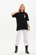 Kadın Kısa Kol Yazlık Tişört Bisiklet Yaka Baskılı Oversize T-Shirt - Siyah