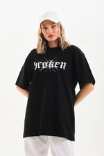 Kadın Kısa Kol Yazlık Tişört Bisiklet Yaka Baskılı Oversize T-Shirt - Siyah