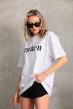 Kadın Kısa Kol Yazlık Tişört Bisiklet Yaka Baskılı Oversize T-Shirt - Beyaz