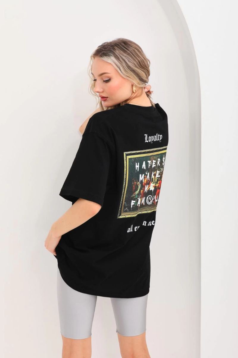 Kadın Kısa Kol Yazlık Tişört Bisiklet Yaka Baskılı Oversize T-Shirt - Siyah