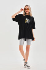 Kadın Baskılı T-Shirt Kısa Kol Bisiklet Yaka Oversize Rahat Kalıp Günlük Tişört - Siyah