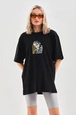 Kadın Baskılı T-Shirt Kısa Kol Bisiklet Yaka Oversize Rahat Kalıp Günlük Tişört - Siyah