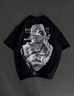 Erkek Kısa Kol Tişört Bisiklet Yaka Filistin Poşulu Baskılı T-Shirt - Siyah