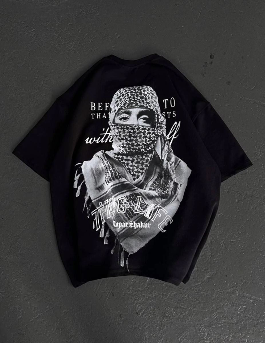 Erkek Kısa Kol Tişört Bisiklet Yaka Filistin Poşulu Baskılı T-Shirt - Siyah