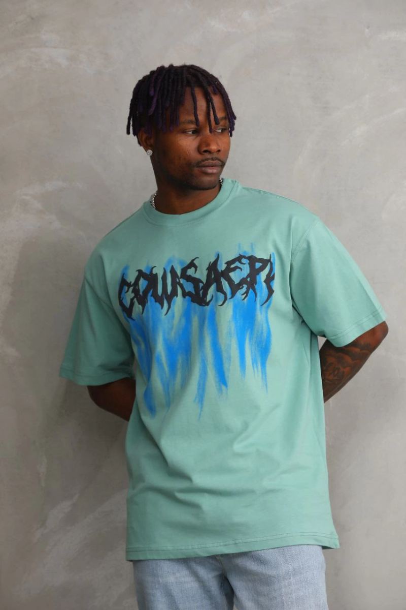 Erkek Baskılı T-Shirt Kısa Kol Bisiklet Yaka Rahat Kalıp Tişört - Mint Yeşili