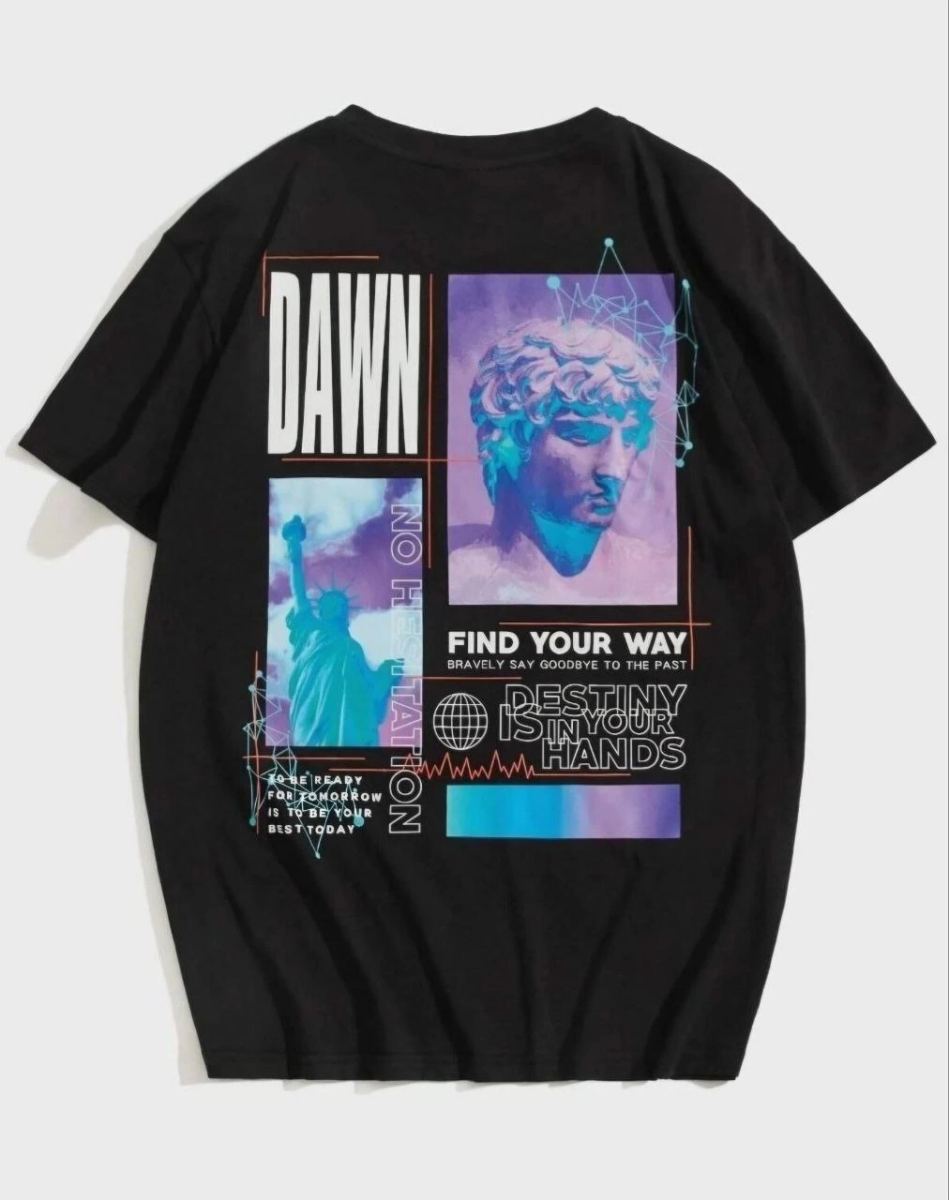 Kadın Baskılı T-Shirt Kısa Kol Bisiklet Yaka Oversize Rahat Kalıp Tişört - Siyah