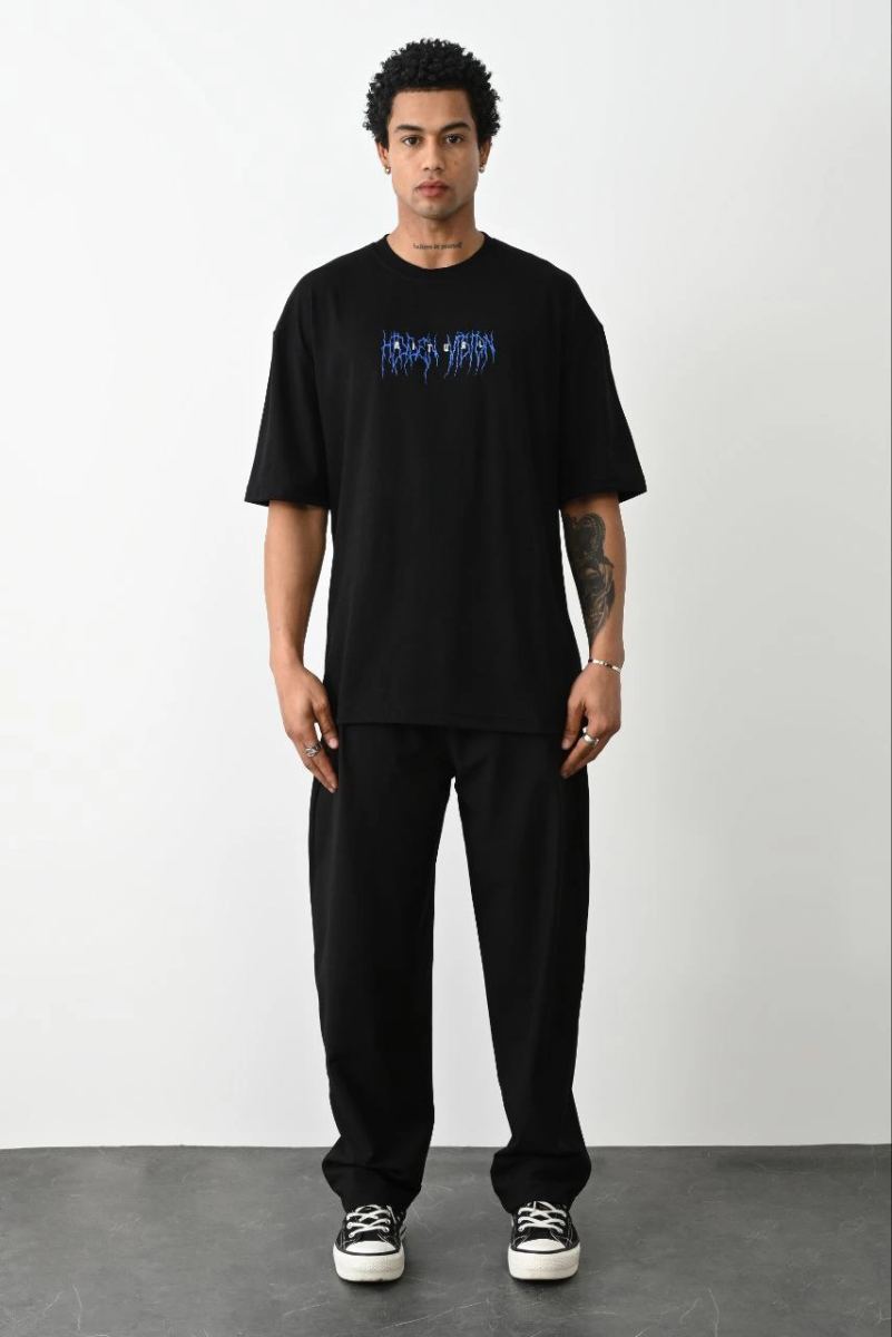 Erkek Baskılı Oversize  Kısa kol T-Shirt - Siyah