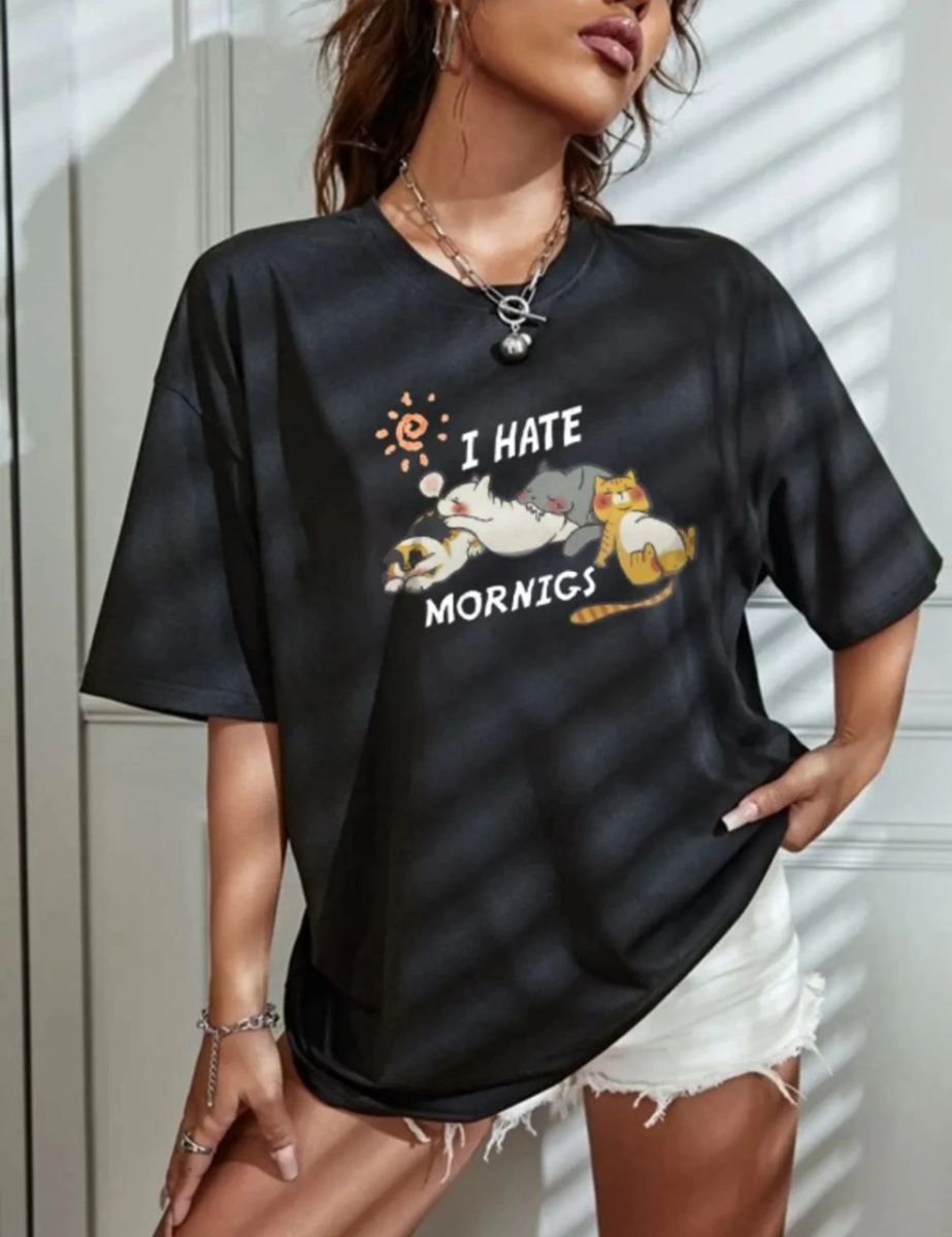 Kadın Tişört Bisiklet Yaka Baskılı Oversize T-Shirt - Siyah