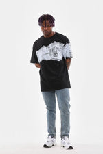 Erkek  Bisiklet Yaka Baskılı Oversize T-Shirt - Siyah