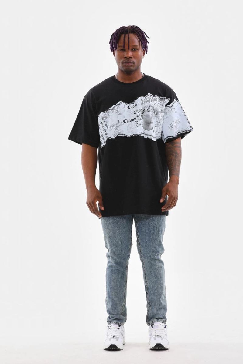 Erkek  Bisiklet Yaka Baskılı Oversize T-Shirt - Siyah