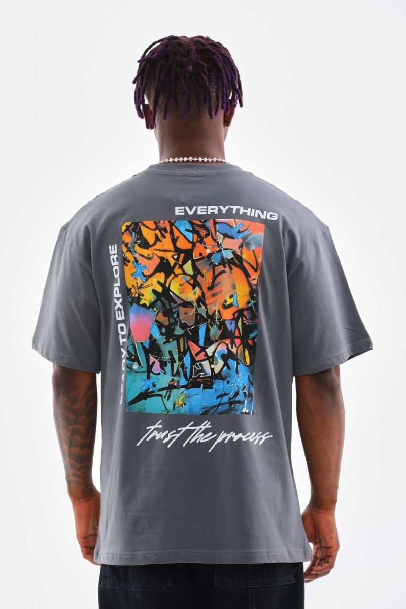 Erkek Tişort  Bisiklet Yaka Baskılı Oversize T-Shirt - Gri