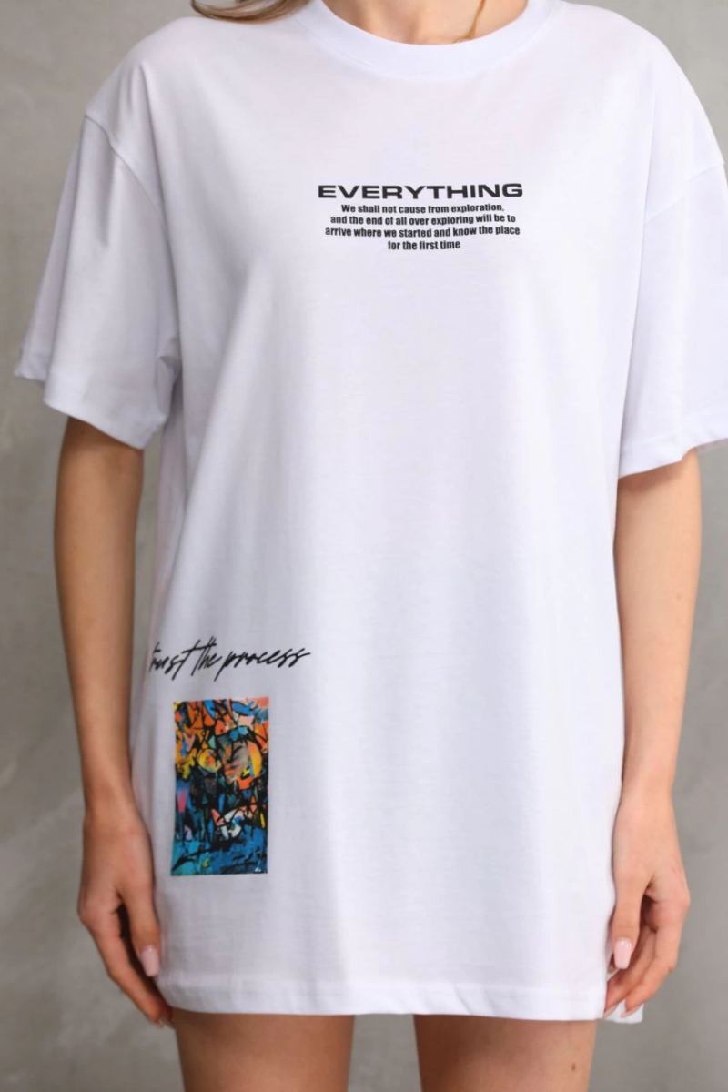 kadın Bisiklet Yaka Baskılı Oversize T-Shirt - Beyaz