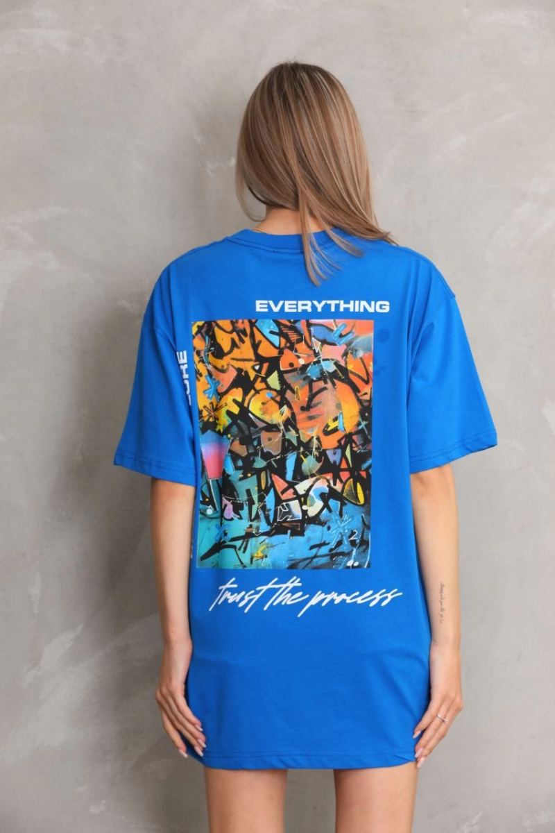 kadın Bisiklet Yaka Baskılı Oversize T-Shirt - Mavi