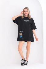 kadın  Bisiklet Yaka Baskılı Oversize T-Shirt - Siyah