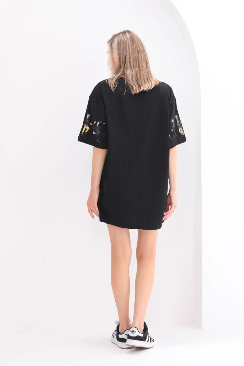 Kadın Kısa Kol Yazlık Tişört Bisiklet Yaka Baskılı Oversize T-Shirt - Siyah