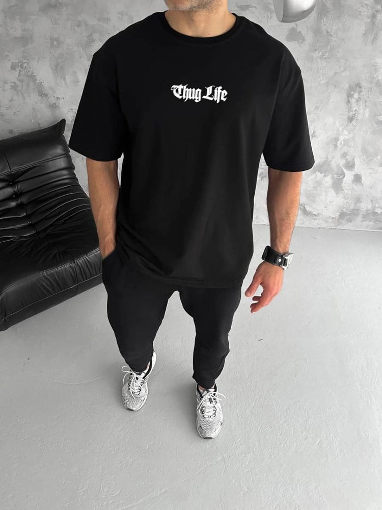 Erkek Kısa Kol Yazlık Tişört Bisiklet Yaka Baskılı Oversize T-Shirt - Siyah