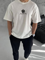 Erkek Kısa Kol Tişört Bisiklet Yaka YONCA Baskılı Oversize T-Shirt -  Beyaz