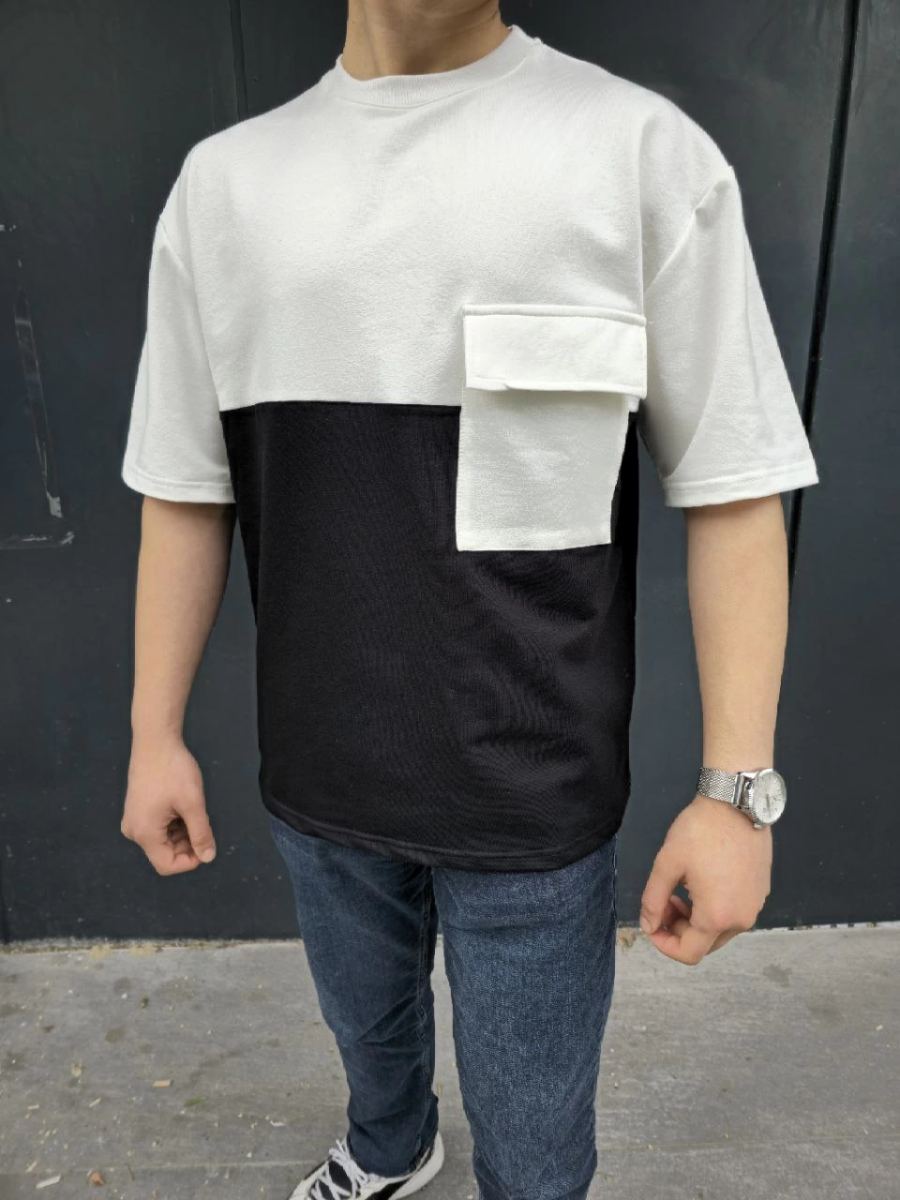 Erkek Kısa Kol Yazlık Tişört Torba Cepli Parçalı T-Shirt - Siyah