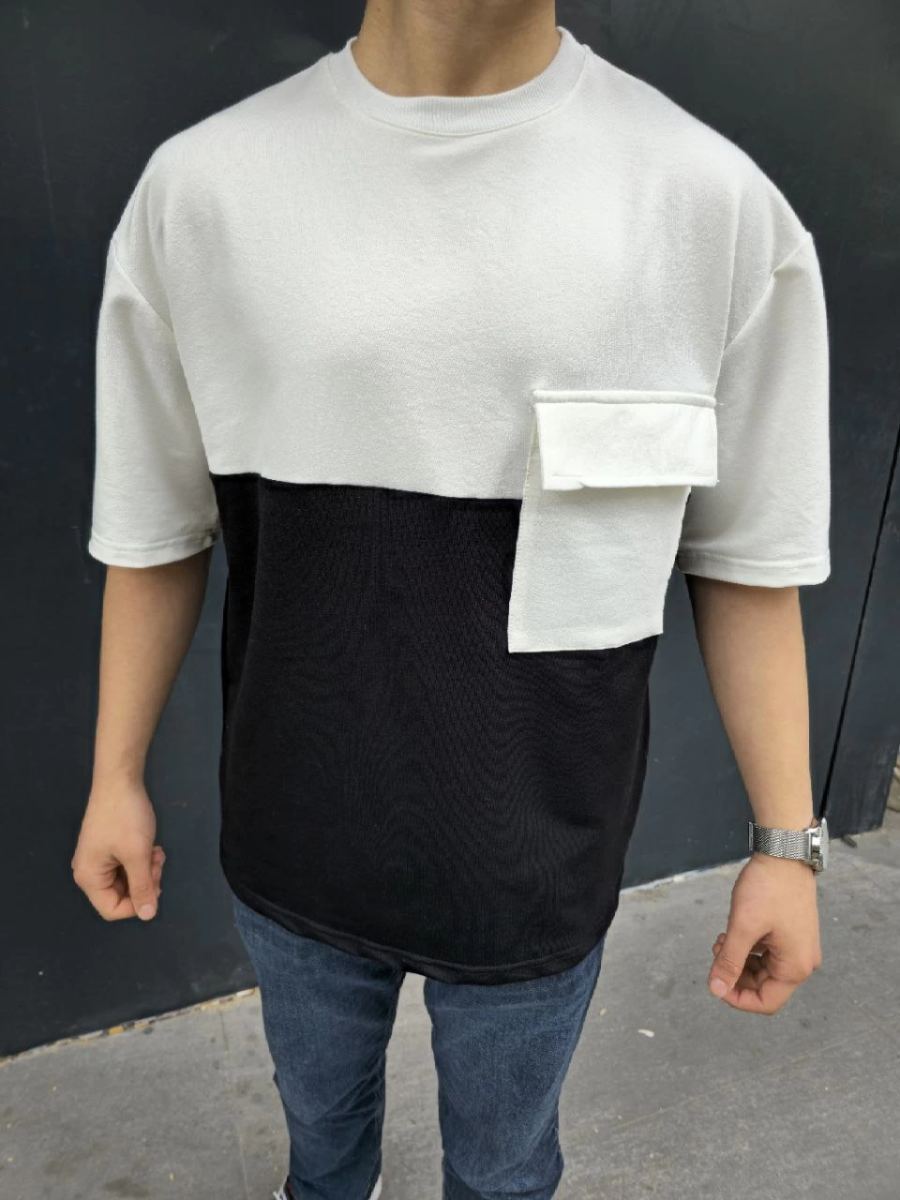 Erkek Kısa Kol Yazlık Tişört Torba Cepli Parçalı T-Shirt - Siyah