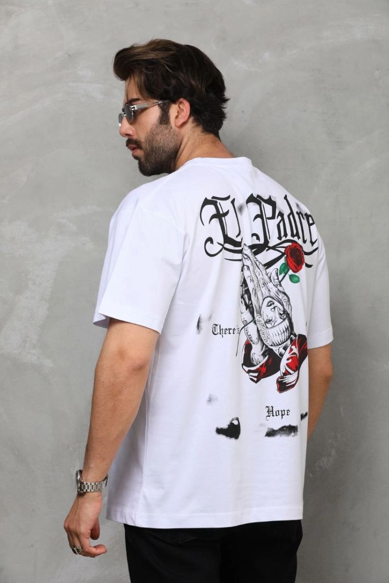 Erkek Kısa Kol Yazlık Tişört Bisiklet Yaka Baskılı Oversize T-Shirt - Beyaz