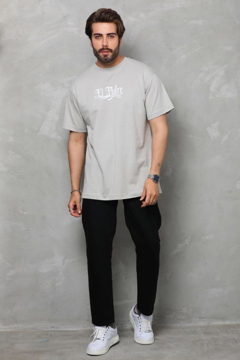 Erkek Kısa Kol Yazlık Tişört Bisiklet Yaka Baskılı Oversize T-Shirt - Gri