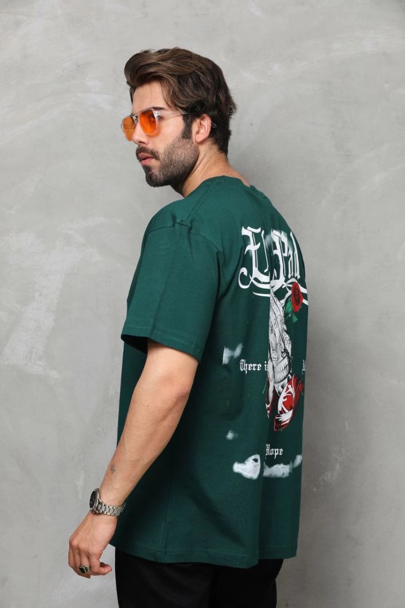 Erkek Kısa Kol Yazlık Tişört Bisiklet Yaka Baskılı Oversize T-Shirt - Yeşil