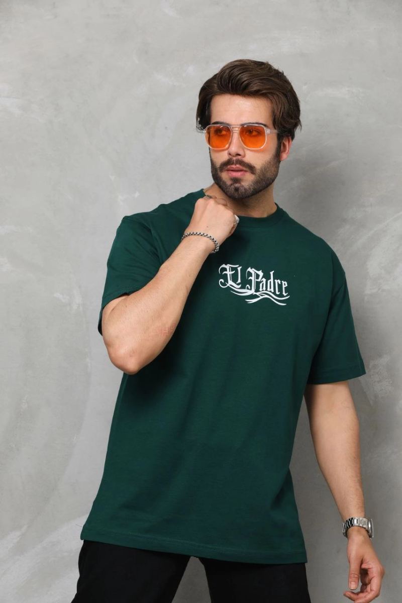 Erkek Kısa Kol Yazlık Tişört Bisiklet Yaka Baskılı Oversize T-Shirt - Yeşil