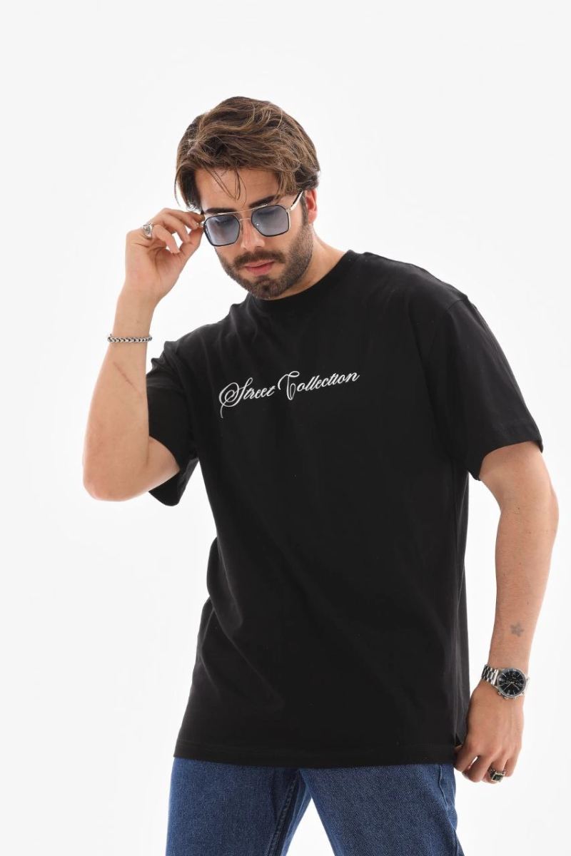 Erkek Kısa Kol Yazlık Tişört Bisiklet Yaka Baskılı Oversize T-Shirt - Siyah