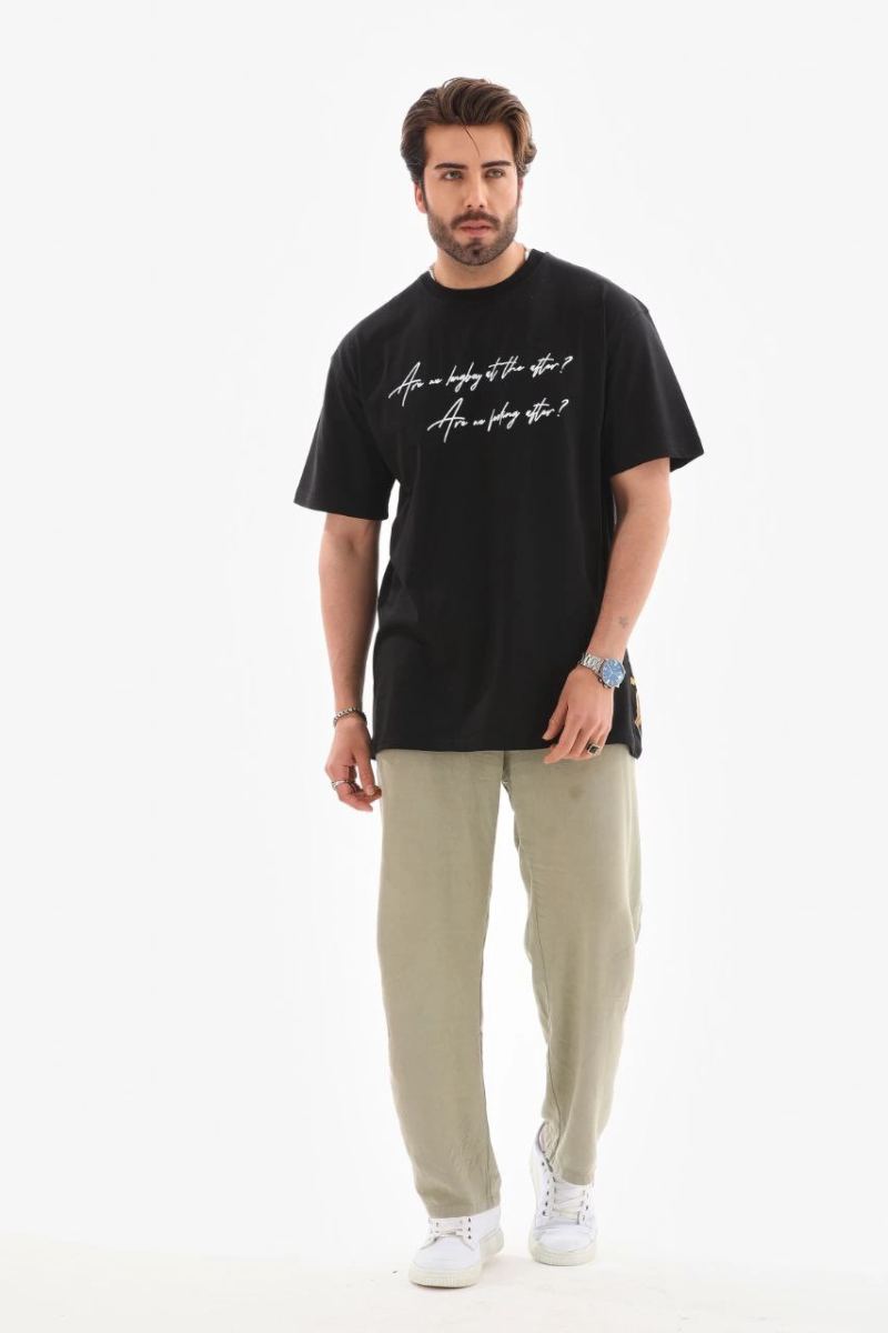 Erkek Kısa Kol Yazlık Tişört Bisiklet Yaka Baskılı Oversize T-Shirt - Siyah