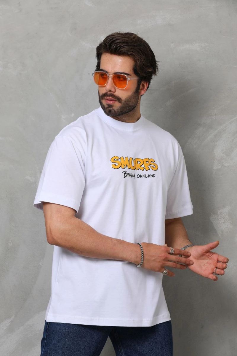 Erkek Kısa Kol Yazlık Tişört Bisiklet Yaka Baskılı Oversize T-Shirt - Beyaz