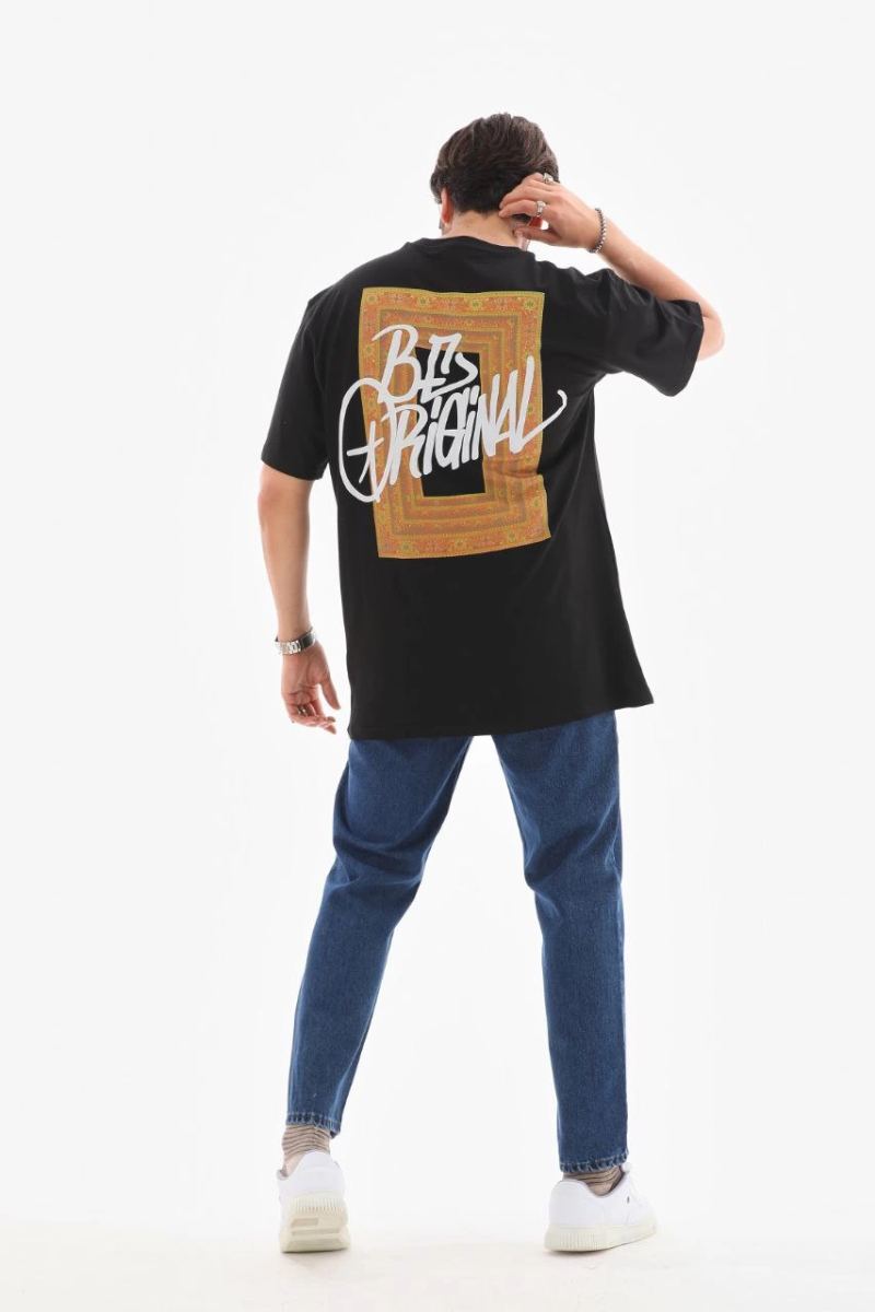 Erkek Baskılı T-Shirt Kısa Kol Bisiklet Yaka Regular Fit Rahat Kalıp Tişört -  Siyah
