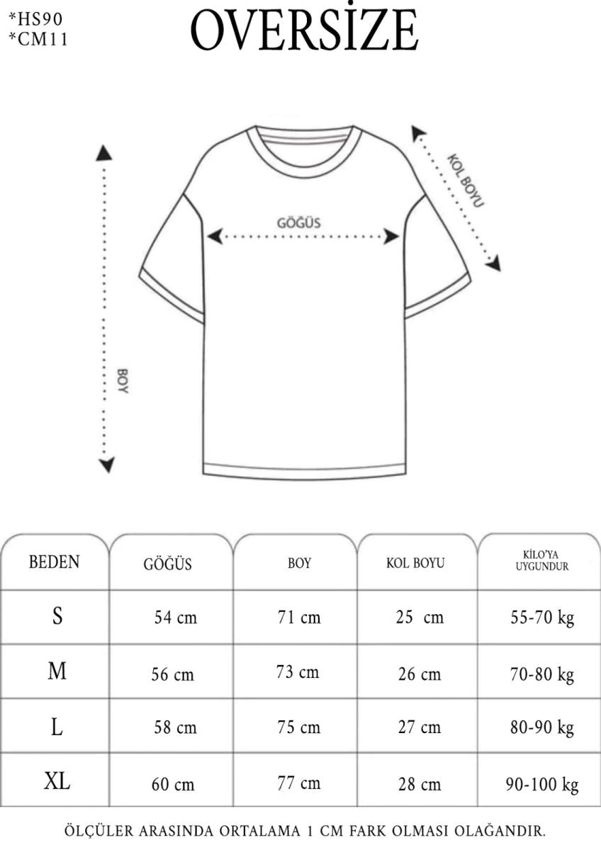 Kadın Baskılı T-Shirt Kısa Kol Bisiklet Yaka Oversize Rahat Kalıp Tişört - Siyah