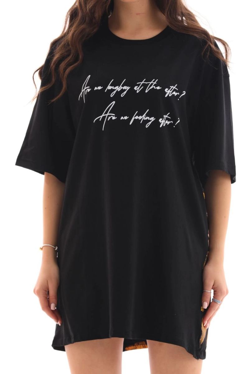 Kadın Kısa Kol Yazlık Tişört Bisiklet Yaka Baskılı Oversize T-Shirt - Siyah