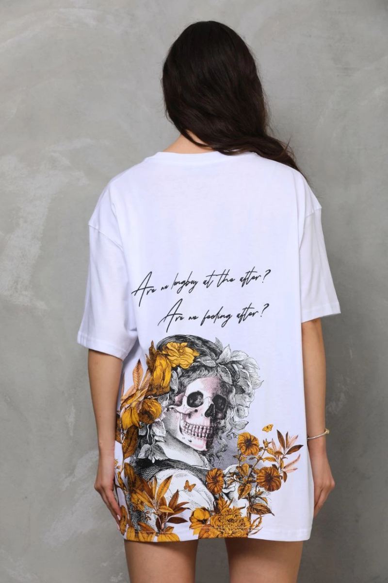 Kadın Kısa Kol Yazlık Tişört Bisiklet Yaka Baskılı Oversize T-Shirt - Beyaz