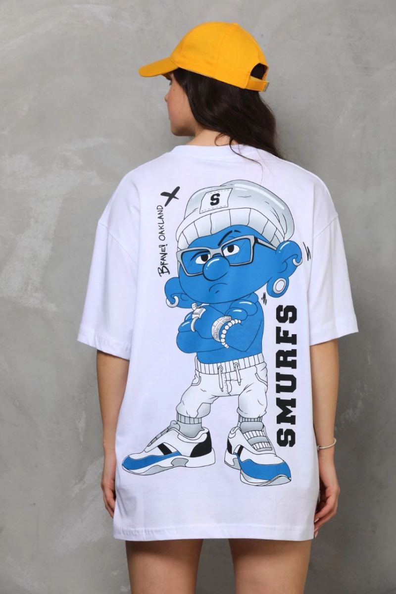 kadın Bisiklet Yaka Baskılı Oversize T-Shirt - Beyaz
