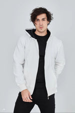 Erkek 3 İplik Pamuklu Kapüşonlu Tam Fermuarlı Cepli Hoodie Sweatshirt - Beyaz