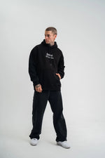 Erkek 3 İplik Pamuklu Kapüşonlu Baskılı Cepli Oversize Sweatshirt Hoodie - Siyah