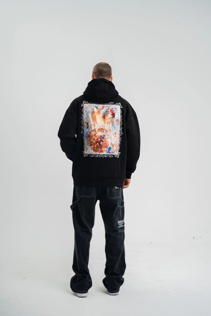 Erkek 3 İplik Pamuklu Kapüşonlu Baskılı Cepli Oversize Sweatshirt Hoodie - Siyah