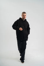 Erkek 3 İplik Pamuklu Oversize Kapüşonlu Nakışlı Hoodie SweatShirt - Siyah