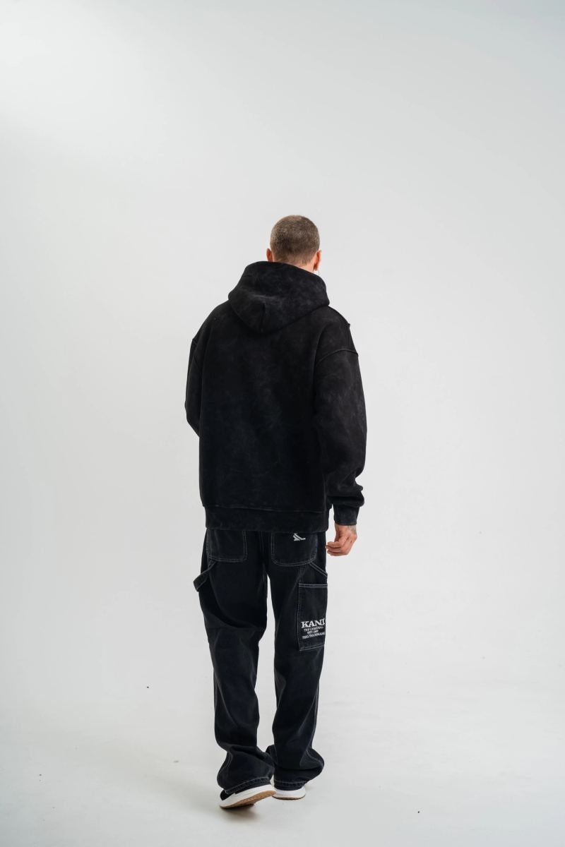 ERKEK 3 iplik Pamuklu Kapüşonlu Yıkamalı Nakışlı Hoodie SweatShirt - Siyah