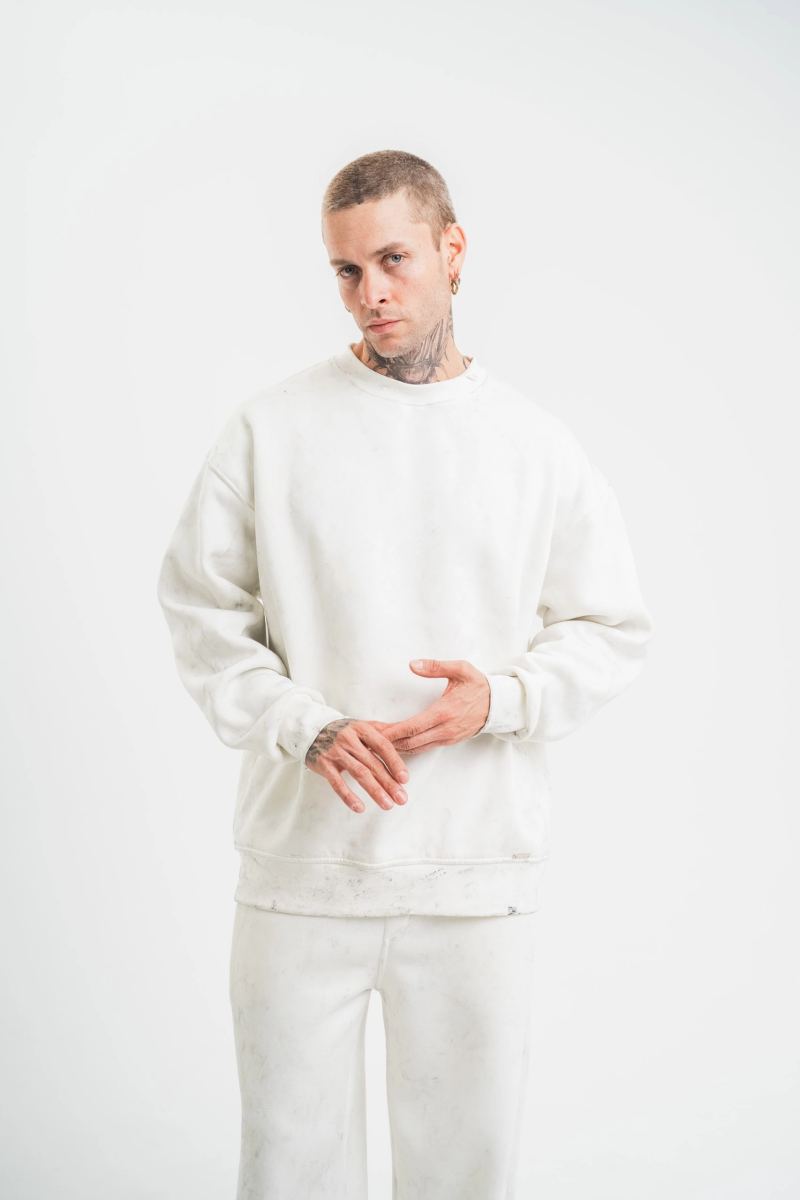 ERKEK 3 İplik Pamuklu Bisiklet Yaka Yıkamalı SweatShirt - Beyaz