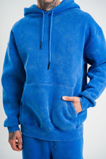 ERKEK 3 İplik Pamuklu Oversize Kapüşonlu Yıkamalı Hoodie SweatShirt - Mavi